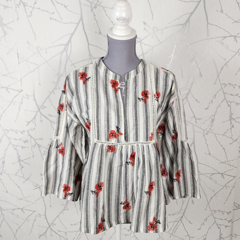 Fate White Stripe Floral Embroidered Bell Sleeve Blouse